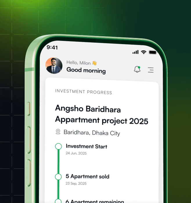 Aungsha app showing investment progress for a real estate project