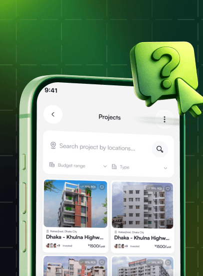 Aungsha app showing available real estate projects with search and filter options